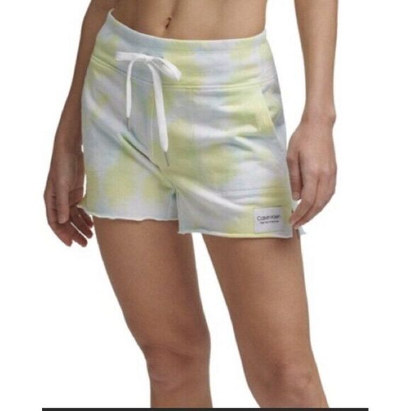 Calvin Klein Performance Yellow Blue Tie Dye French Terry Shorts Women Large NWT - Picture 1 of 4